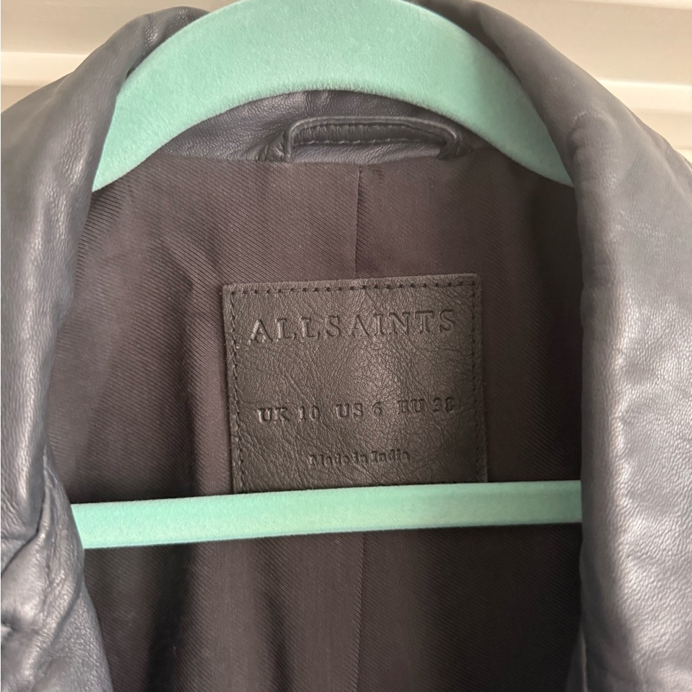 AllSaints Wyatt Biker Leather Jacket in Ink Blue - Picture 6 of 12